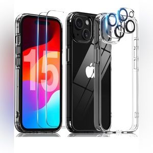 🆕 iPhone 15 Case, 6.1”, Clear, With 2 Tempered Glass Screen + Camera Protectors